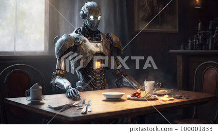 futuristic plot. the robot sits at a table with cooked food. generative AI. 100001833