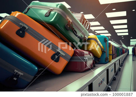 a mountain of stacked suitcases in the arrivals hall of an airport.Generative AI a mountain of stacked suitcases in the arrivals hall of an airport.Generative AI 100001887