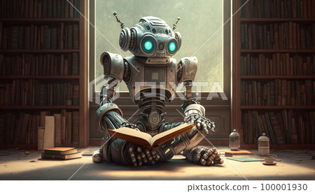 an outdated robot model reads a book in a library. futuristic plot 100001930