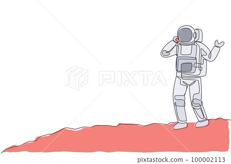 One single line drawing of cosmonaut make a call to partner using smartphone in moon surface vector illustration. Astronaut business office with outer space concept. Modern continuous line draw design One single line drawing of cosmonaut make a call to partner using smartphone in moon surface vector illustration. Astronaut business office with outer space concept. Modern continuous line draw design 100002113