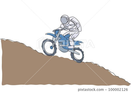 Single continuous line drawing of astronaut exercise motocross trick on moon surface. Space astronomy galaxy sport concept. Trendy one line draw design graphic vector illustration 100002126