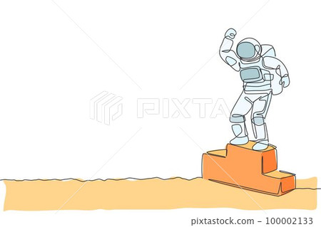 One continuous line drawing of astronaut standing on first place podium in deep space galaxy. Spaceman healthy fitness sport concept. Dynamic single line draw design vector graphic illustration 100002133