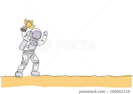 One single line drawing of spaceman astronaut holding trophy on moon surface, cosmic galaxy vector illustration. Healthy space cosmonaut lifestyle sport concept. Modern continuous line draw design 100002139