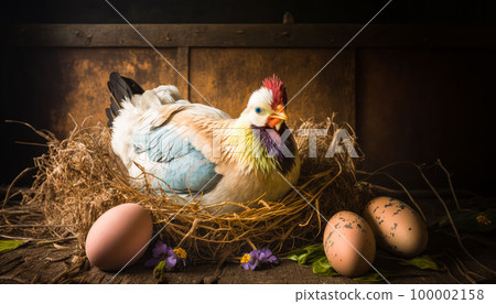 chicken sits on dry grass next to chicken eggs 100002158