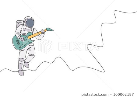 Single continuous line drawing of astronaut playing electric guitar musical instrument in cosmic galaxy. Outer space music concert concept. Trendy one line draw design graphic vector illustration 100002197