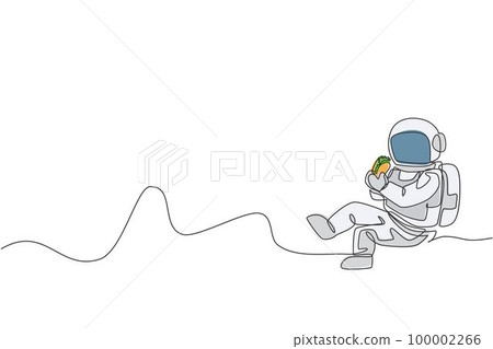 Single continuous line drawing of spaceman sitting relax on moon surface and eating delicious Mexican taco. Fantasy fiction of outer space life concept. Trendy one line draw design vector illustration Single continuous line drawing of spaceman sitting relax on moon surface and eating delicious Mexican taco. Fantasy fiction of outer space life concept. Trendy one line draw design vector illustration 100002266