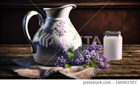 a jug of milk on a wooden table. lilac.rustic style 100002307