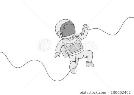 One single line drawing of young astronaut in spacesuit flying at outer space vector illustration graphic. Spaceman adventure galactic space concept. Modern continuous line draw design 100002402