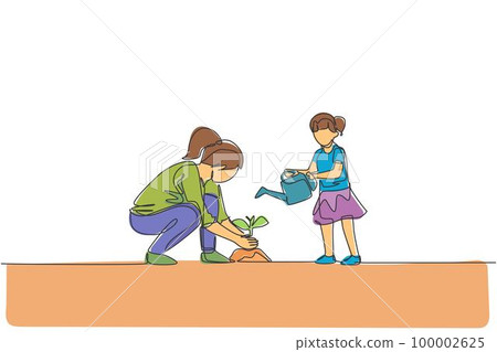 One single line drawing of young mom teach her daughter planting while the kid watering a plant at home garden vector illustration. Happy parenting learning concept. Modern continuous line draw design 100002625