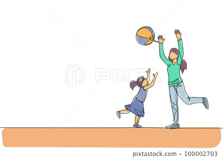 Single continuous line drawing of young playing throw beach ball with her daughter at home, happy parenting. Family loving care concept. Trendy one line draw graphic design vector illustration 100002703