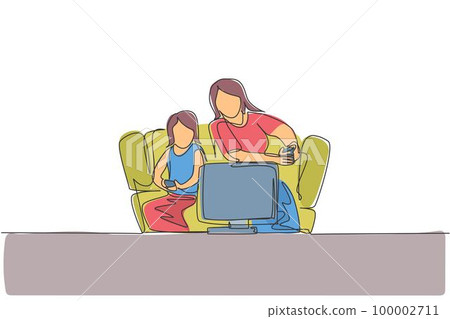 One continuous line drawing of young mother and daughter sitting on sofa while playing video game together at home. Happy family parenthood concept. Dynamic single line draw design vector illustration 100002711
