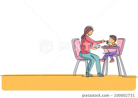 One single line drawing of young mother feeding her son a meal who sit at baby dining chair at home vector graphic illustration. Happy family parenting concept. Modern continuous line draw design One single line drawing of young mother feeding her son a meal who sit at baby dining chair at home vector graphic illustration. Happy family parenting concept. Modern continuous line draw design 100002731