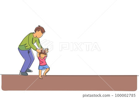 One single line drawing of young dad teaching his daughter learning lead walk at home graphic vector illustration. Happy family parenting concept. Modern continuous line draw design 100002785