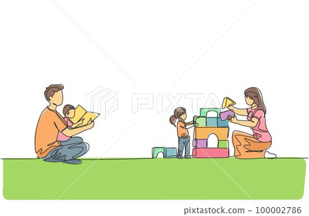 One single line drawing of young dad reading book to son and mom playing block puzzle house with daughter vector illustration. Happy family parenting concept. Modern continuous line draw design One single line drawing of young dad reading book to son and mom playing block puzzle house with daughter vector illustration. Happy family parenting concept. Modern continuous line draw design 100002786