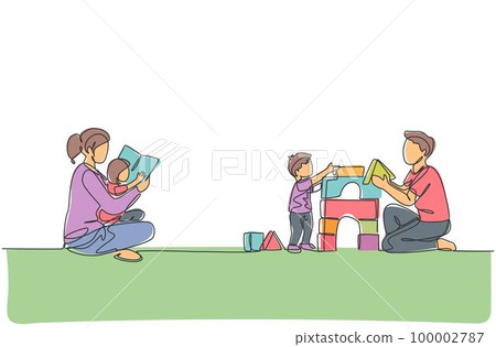 Single continuous line drawing of young mother reading book to daughter and father playing block puzzle house with son at home. Happy family parenting concept. One line draw design vector illustration 100002787