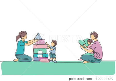 One single line drawing of young father reading book to daughter and mother playing block puzzle house with son at home vector illustration. Happy family parenting concept. Continuous line draw design 100002789