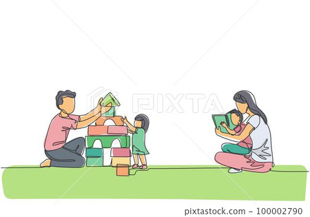 Single continuous line drawing of young mom reading book to son and dad playing block puzzle house with daughter at home. Happy family parenting concept. One line draw design vector illustration Single continuous line drawing of young mom reading book to son and dad playing block puzzle house with daughter at home. Happy family parenting concept. One line draw design vector illustration 100002790
