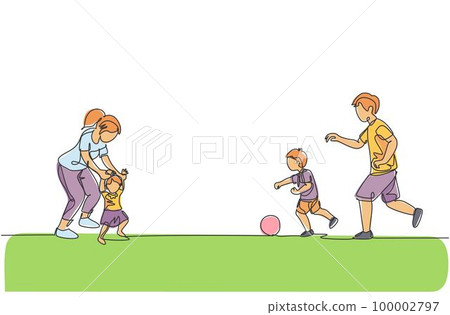 One continuous line drawing of young father playing soccer with son while mother teaching daughter to walk at field. Happy family parenting concept. Dynamic single line draw design vector illustration 100002797