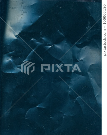 Crushed texture. Distressed film. Grunge overlay. Dust scratches noise on dark blue wrinkled uneven abstract illustration background. 100003150