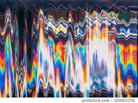 Glitch art. Color distortion. Futuristic noise texture. Neon orange blue green glow wave artifacts on black abstract illustration background. 100003156