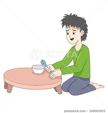 poor man is sitting holding empty spoon and bowl has no food 100003835