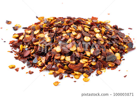 close up a pile of red pepper flake or heap of red pepper powder