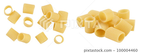 raw italian pasta isolated on white background . Mezze Maniche Rigate Bronze die. Top view. Flat lay raw italian pasta isolated on white background . Mezze Maniche Rigate Bronze die. Top view. Flat lay 100004460