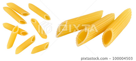 Raw italian penne rigate pasta isolated on white background . Top view with copy space for your text. Flat lay 100004503
