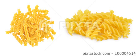raw Fusilli pasta, isolated on white background with full depth of field. Top view. Flat lay 100004514