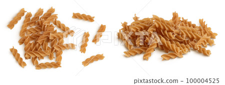 Wolegrain fusilli pasta from durum wheat isolated on white background with full depth of field. Top view. Flat lay. 100004525