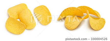Potato chips isolated on white background with full depth of field. Top view. Flat lay. 100004526