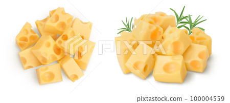 cubes of cheese isolated on white background . Top view. Flat lay 100004559