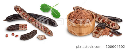 Ripe carob pods and bean isolated on white background with full depth of field. Top view. Flat lay Ripe carob pods and bean isolated on white background with full depth of field. Top view. Flat lay 100004602