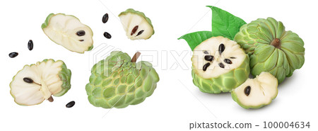 Sugar apple or custard apple isolated on white background . Exotic tropical Thai annona or cherimoya fruit. Top view. Flat lay 100004634