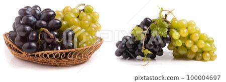 bunch of green and blue grapes in wicker basket isolated on white background 100004697