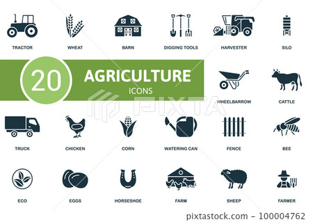 Agriculture set. Creative icons: tractor, wheat, barn, digging tools, harvester, silo, wheelbarrow, cattle, truck, chicken, corn, watering can, fence, bee, eco, eggs, horseshoe, farm, sheep, farmer. Agriculture set. Creative icons: tractor, wheat, barn, digging tools, harvester, silo, wheelbarrow, cattle, truck, chicken, corn, watering can, fence, bee, eco, eggs, horseshoe, farm, sheep, farmer. 100004762