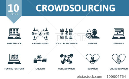 Crowdsourcing set. Creative icons: marketplace, crowdfunding, social participation, creator, feedback, funding platform, liquidity, collaboration, donation, online donation. Crowdsourcing set. Creative icons: marketplace, crowdfunding, social participation, creator, feedback, funding platform, liquidity, collaboration, donation, online donation. 100004764