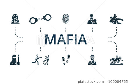 Mafia set. Creative icons: judge, handcuffs, fingerprint, coroner, murder, terrorist, war crime, footprints, espionage, crime. Mafia set. Creative icons: judge, handcuffs, fingerprint, coroner, murder, terrorist, war crime, footprints, espionage, crime. 100004765