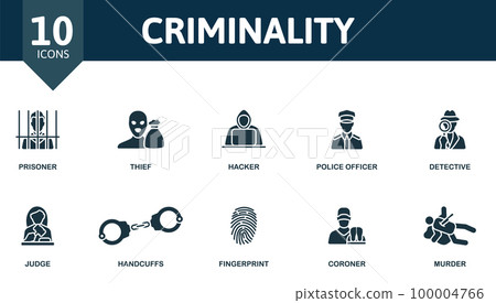 Criminality set. Creative icons: prisoner, thief, hacker, police officer, detective, judge, handcuffs, fingerprint, coroner, murder. Criminality set. Creative icons: prisoner, thief, hacker, police officer, detective, judge, handcuffs, fingerprint, coroner, murder. 100004766