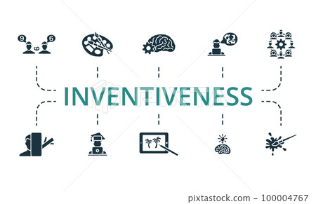 Inventiveness set. Creative icons: vision, visual art, intelligence, problem solving, teamwork, curiosity, practice, digital art, brainstorm, creativity. Inventiveness set. Creative icons: vision, visual art, intelligence, problem solving, teamwork, curiosity, practice, digital art, brainstorm, creativity. 100004767