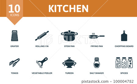 Kitchen set. Creative icons: grater, rolling pin, stew pan, frying pan, chopping board, tongs, vegetable peeler, tureen, salt shaker, spices. Kitchen set. Creative icons: grater, rolling pin, stew pan, frying pan, chopping board, tongs, vegetable peeler, tureen, salt shaker, spices. 100004782