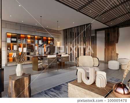 Design office with executive desk and meeting and rest area in eco-style. 100005478