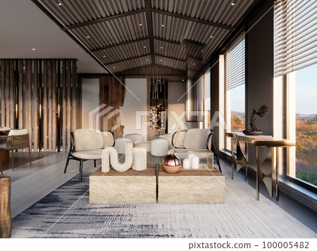 Small meeting room in an office with two wicker chairs and two tables with interior decor. Small meeting room in an office with two wicker chairs and two tables with interior decor. 100005482
