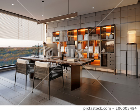 Loft style office with executive desk with two side chairs and a large shelving unit by the wall 100005484