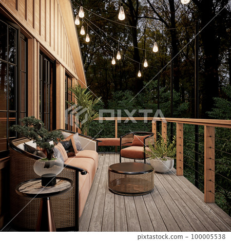 Balcony terrace in a wooden house with upholstered furniture and beautiful green surroundings. 100005538