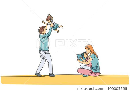 One single line drawing of young mother sitting on floor and reading book to son while father playing with daughter vector illustration. Happy family parenting concept. Continuous line draw design 100005566
