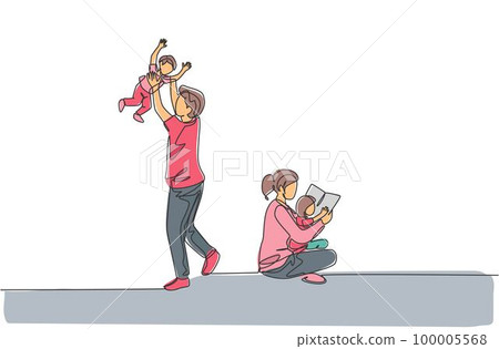 One single line drawing of young sitting on floor and reading book to daughter while dad playing with son at home vector illustration. Happy family parenting concept. Continuous line draw design 100005568