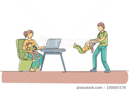 One continuous line drawing of young mother work typing on laptop and father playing with daughter at home. Happy family parenting concept. Dynamic single line draw design vector illustration 100005576