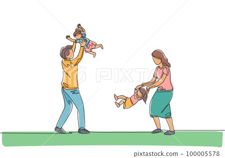 Single continuous line drawing of young mother and father playing with their twin daughter at home. Happy family parenting concept. Trendy one line draw design vector illustration Single continuous line drawing of young mother and father playing with their twin daughter at home. Happy family parenting concept. Trendy one line draw design vector illustration 100005578