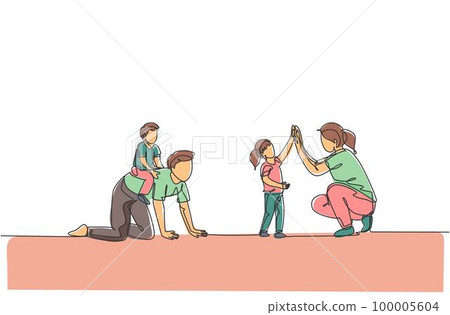 One continuous line drawing of young mother giving high five to daughter while son ride on dad's back at home. Happy family parenting concept. Dynamic single line draw design vector illustration One continuous line drawing of young mother giving high five to daughter while son ride on dad's back at home. Happy family parenting concept. Dynamic single line draw design vector illustration 100005604